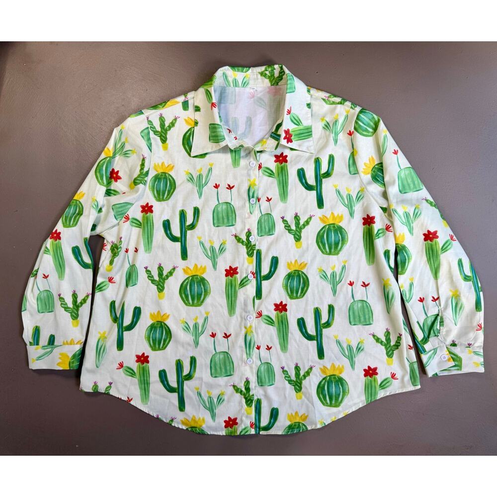 Novelty Cactus Print Button Front Blouse Top 5XL Southwest Desert Boho